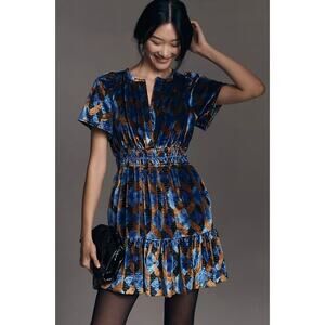 NEW By Anthropologie The Somerset Mini Dress: Velvet Edition Blue Motif Sz M NWT